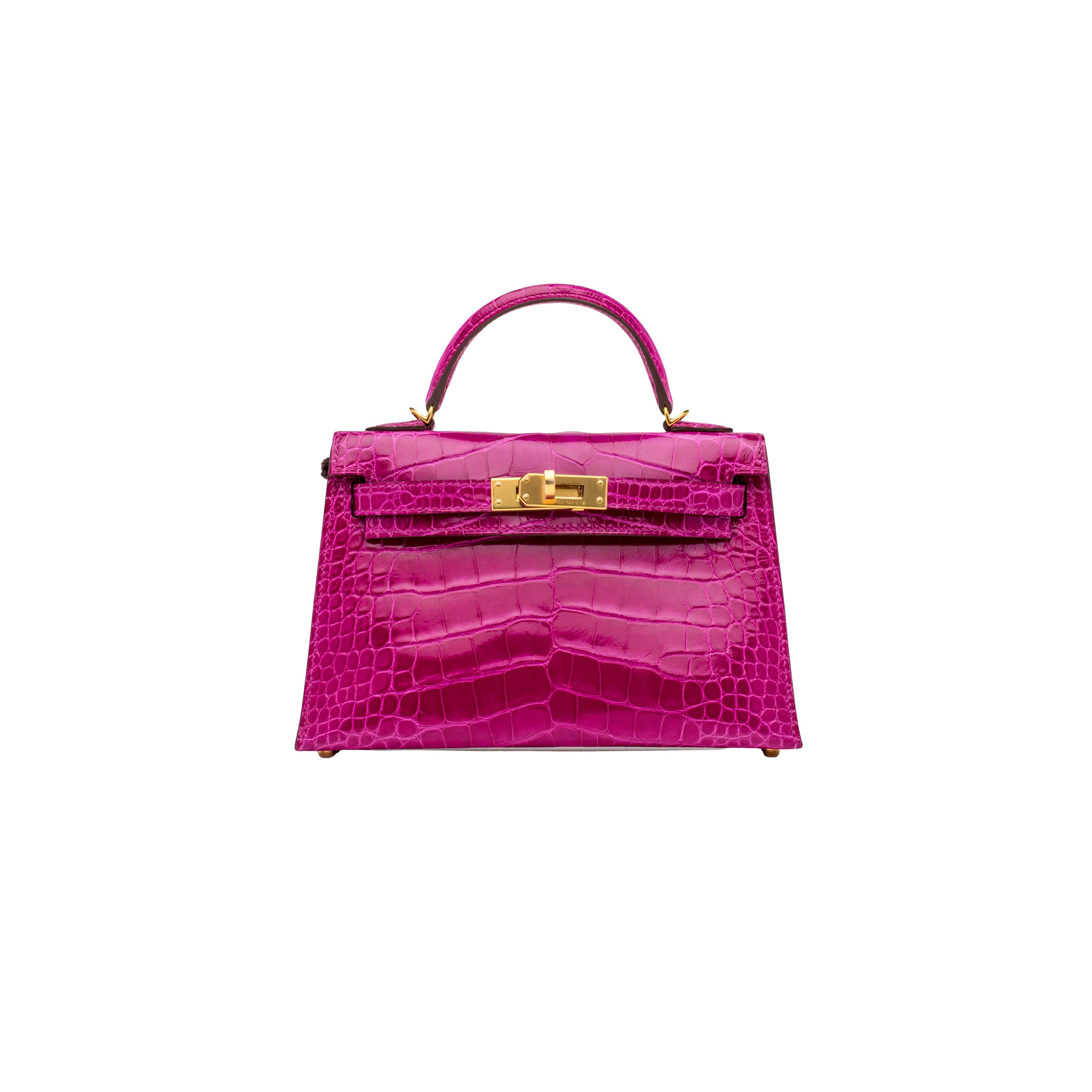 HERMÈS MASTER MINI KELLY II GLOSSY ALLIGATOR ROSE (19*12*5.5cm) 